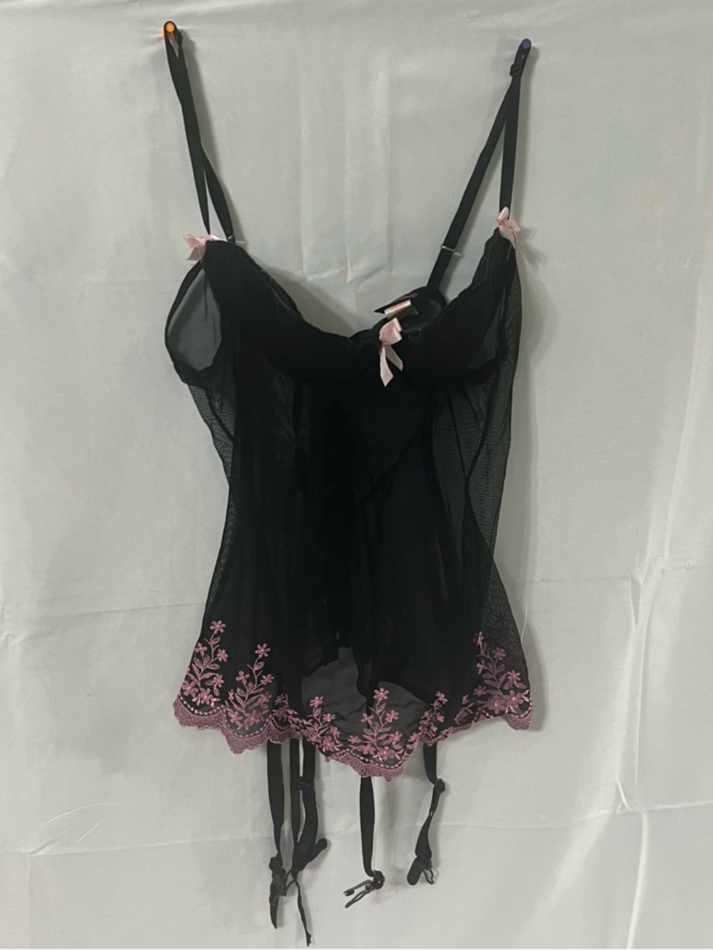 Black Mesh Babydoll Chemise with Pink Floral Embroidery Frederick’s of Hollywood